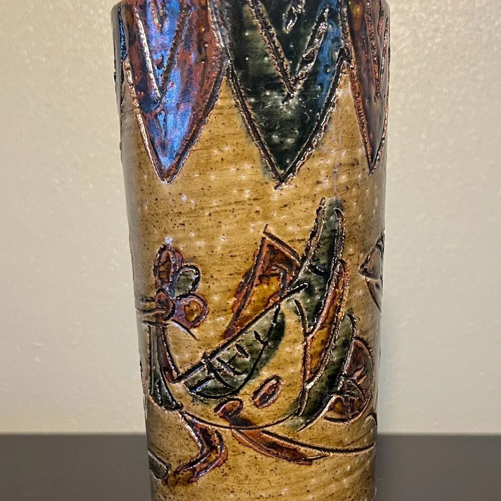 Vtg Otagiri Mercantile Company OMC Japan Handcrafted Incised Glazed Pottery Vase